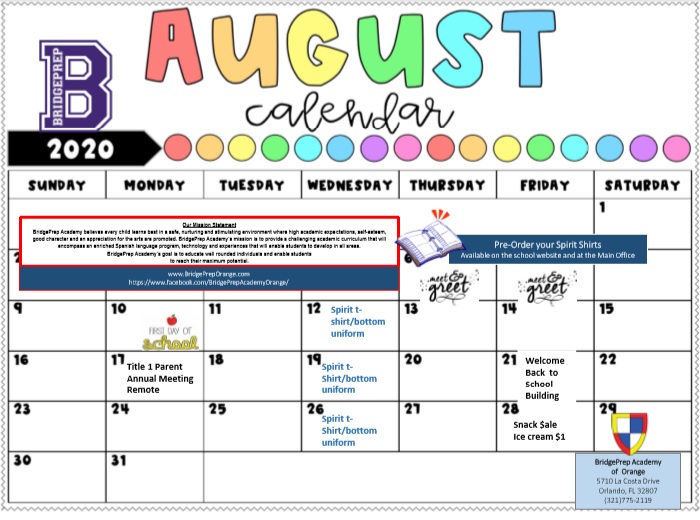 August Calendar News and Announcements