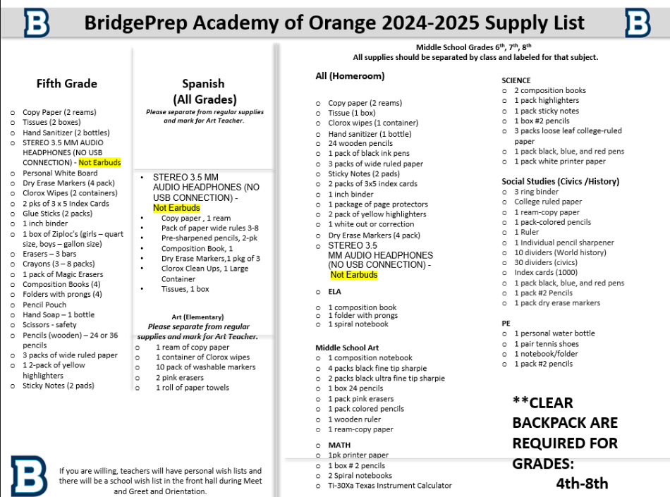 fifth grade supply list