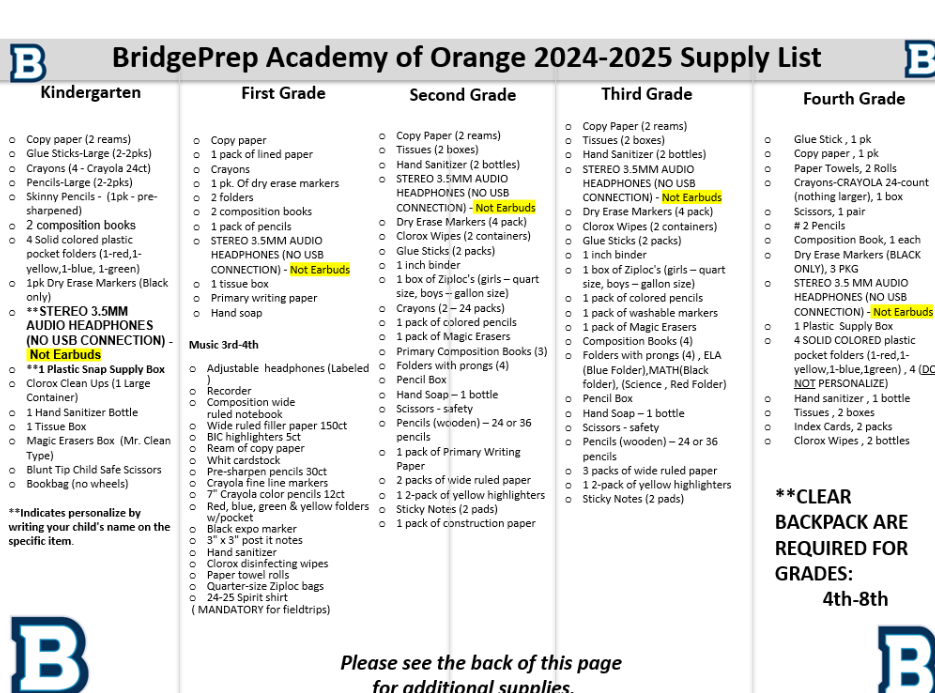 K-4th Grade Supply List